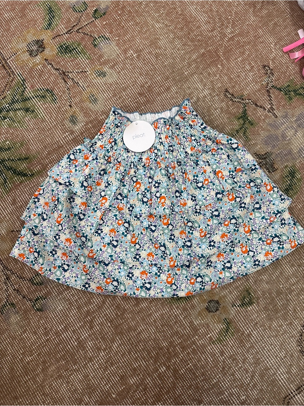 Pleat Floral Tiered Skirt in Blue and Orange